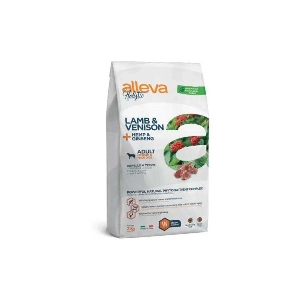Alleva holistic adult lamb & venison medium/maxi сухой корм для взрослых собак с ягненком и олениной, коноплей и женьшенем - 2 кг