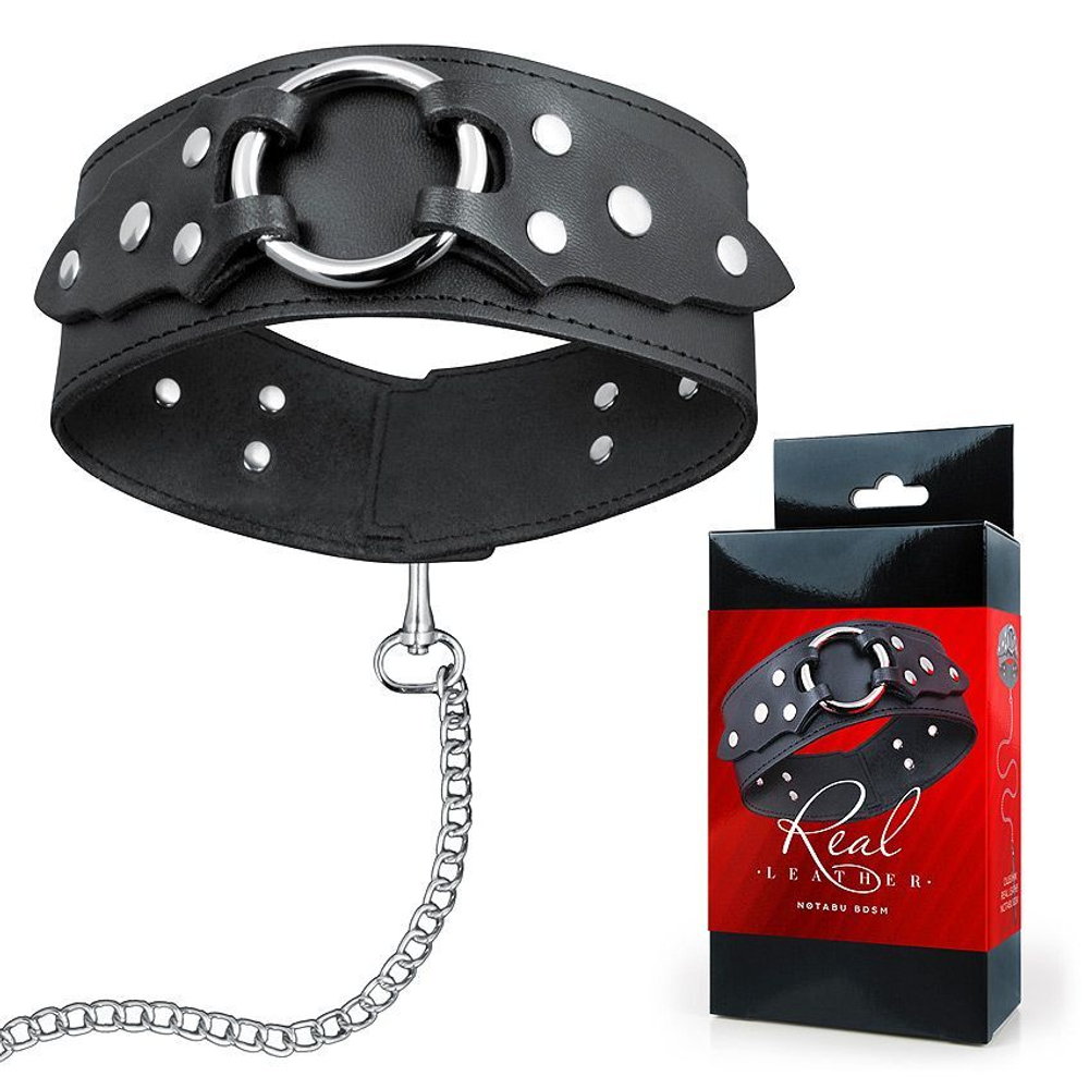 Брутальный кожаный ошейник с поводком (Цвет: черный)