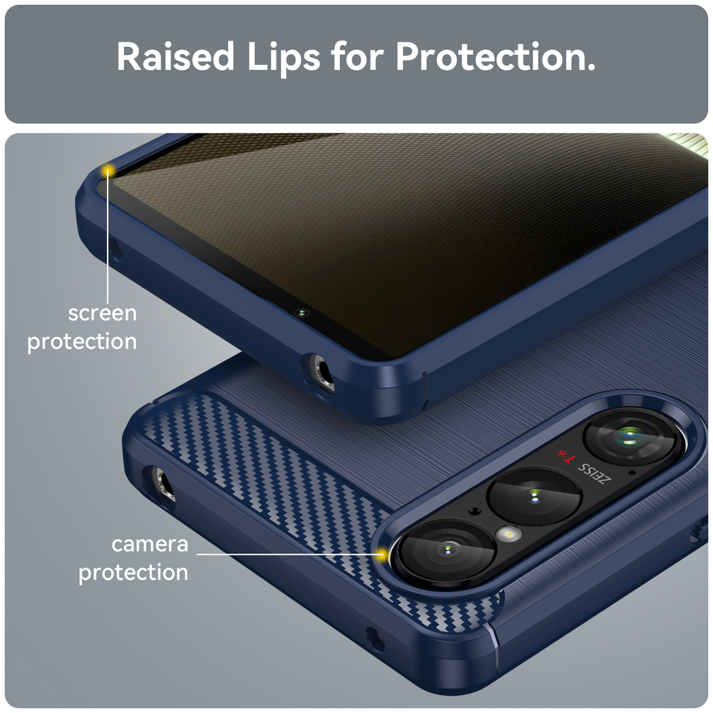 Чехол синего цвета на Sony Xperia 1 VI (1-6), мягкий отклик кнопок, серия Carbon (с дизайном под карбон) от Caseport