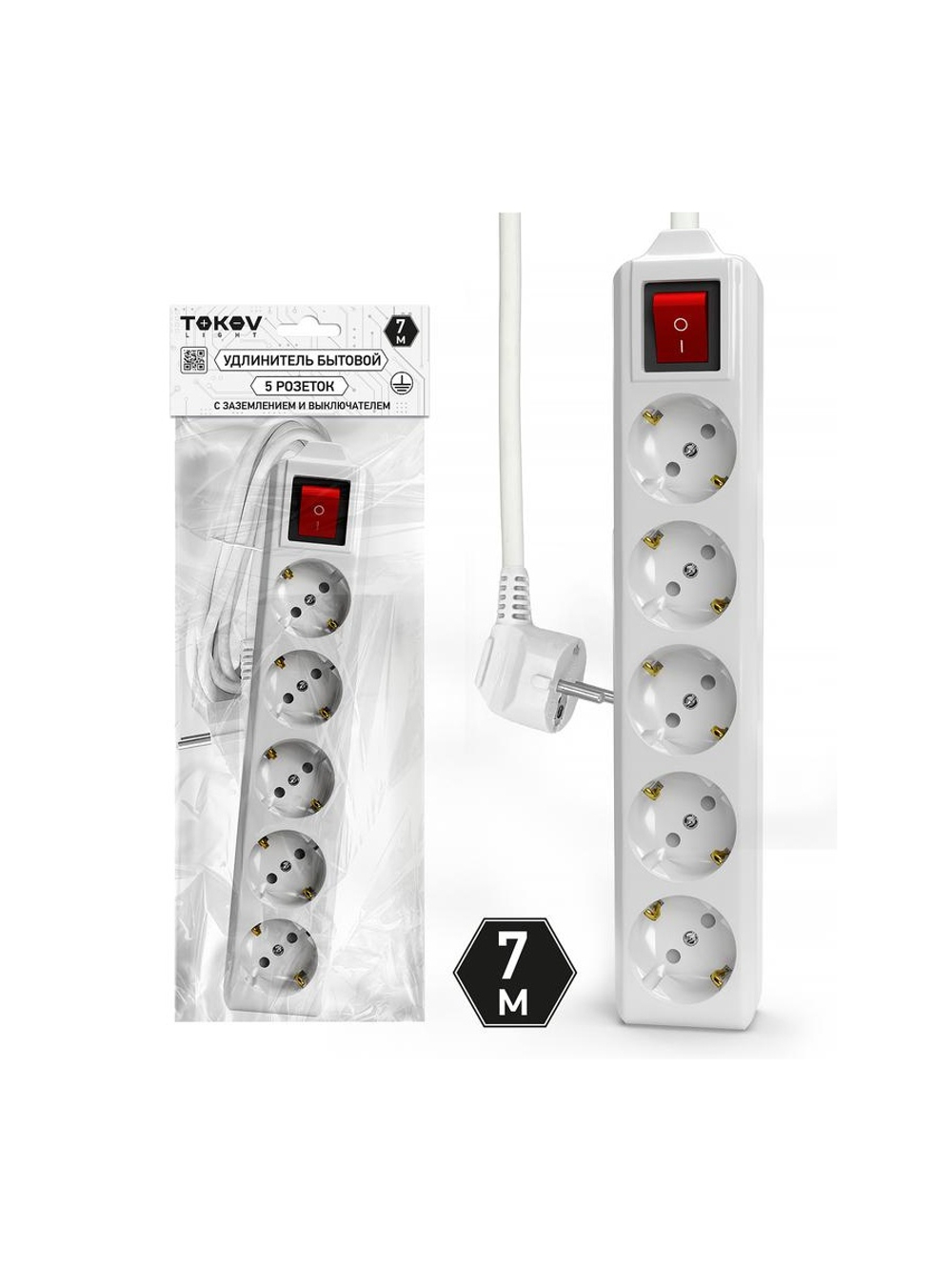 Удлинитель 5х7м с заземл. с выкл. 10А 3х1.5 TOKOV LIGHT TKL-C01-BU5-7-1.5-ZV