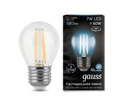 Лампа Gauss Filament Шар G45 E27 7W(580lm) 4100K 4K прозрачный 80x45 филамент (нитевидная), 105802207