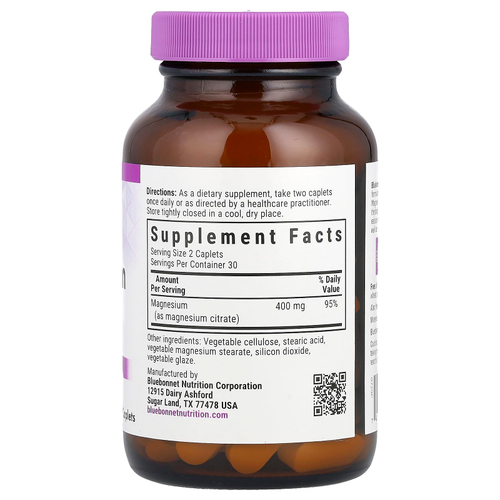 Bluebonnet Nutrition, цитрат магния, 60 капсуловидных таблеток (200 мг в 1 шт.)