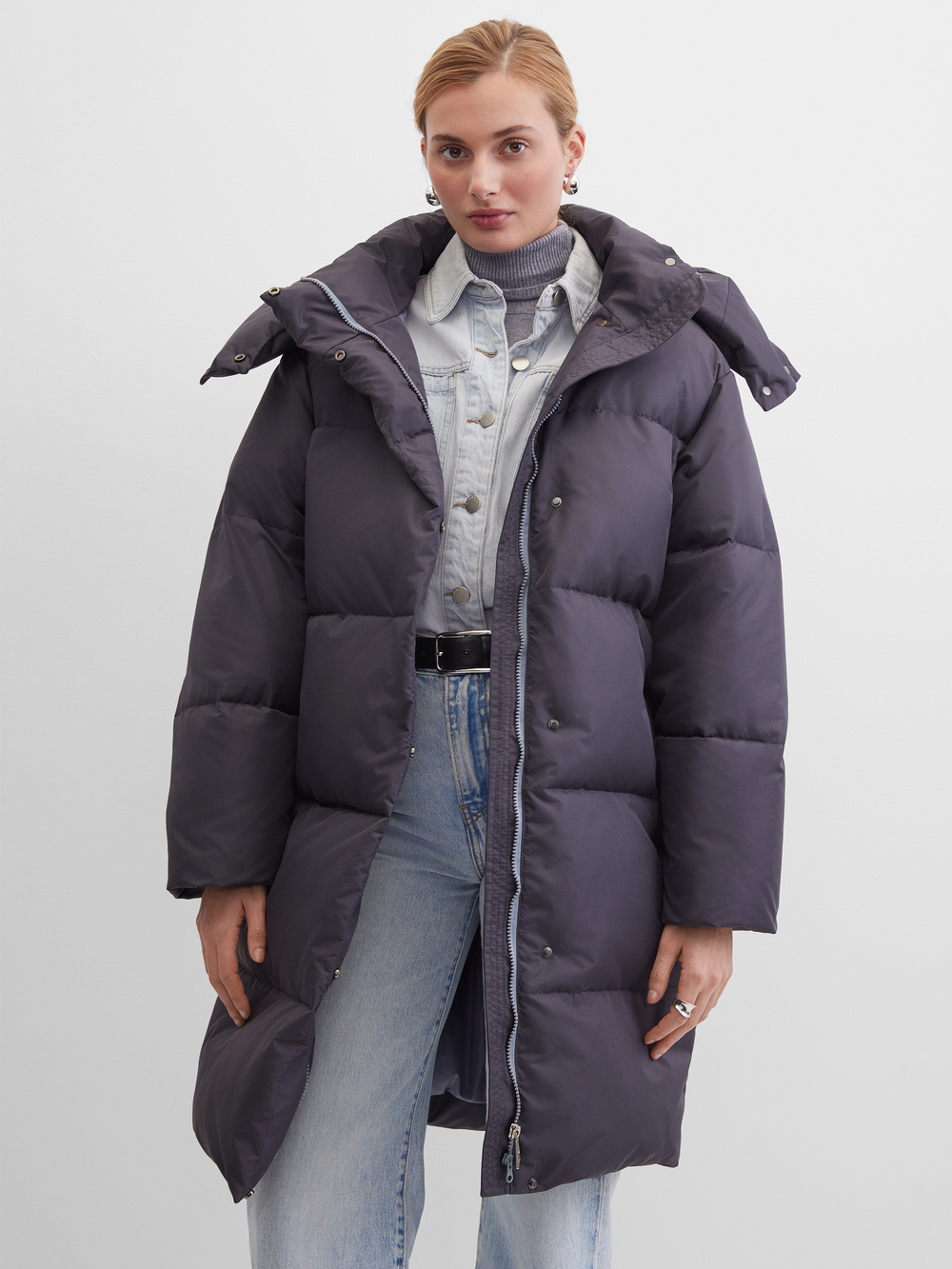 NEW❤️ MIDI пуховик с объемным капюшоном, DARK GREY🌚🌚🌚