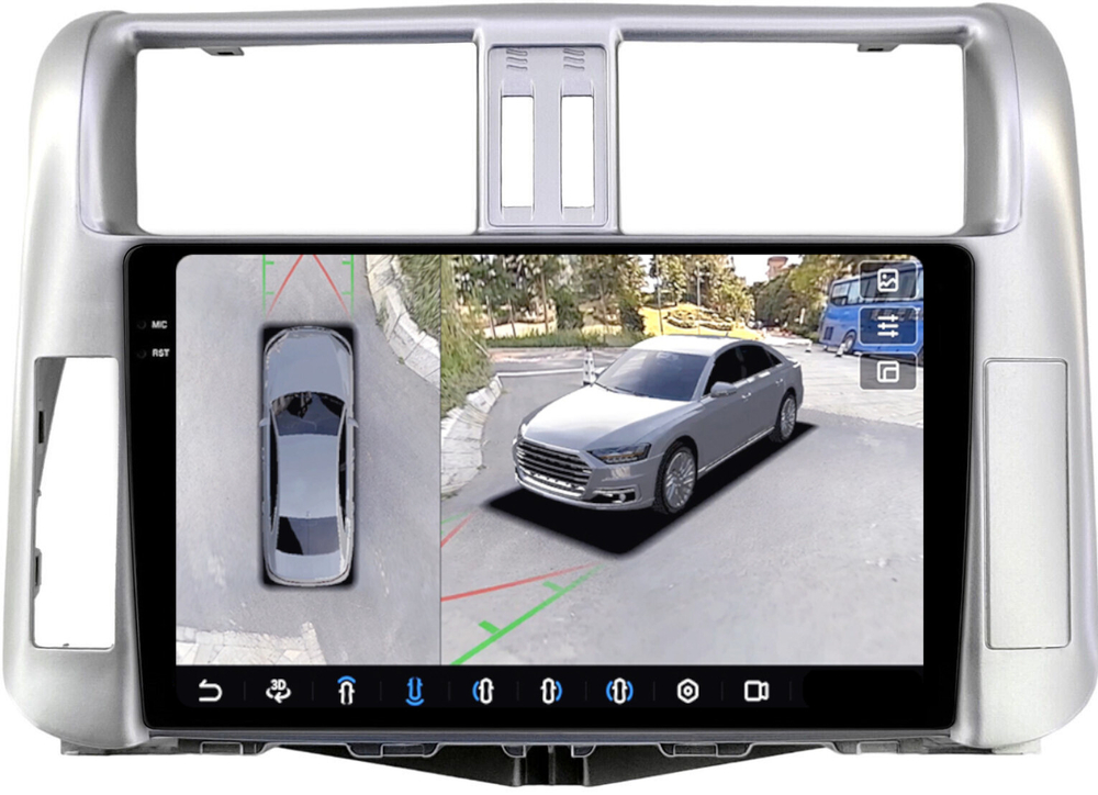 Магнитола для Toyota Land Cruiser Prado 150 2009-2013 (рамка серебро) - FarCar BX065M-360 монитор 9.5" 2K QLED на Android 13, 6Гб+128Гб, CarPlay, 4G SIM-слот, 4 камеры в комплекте