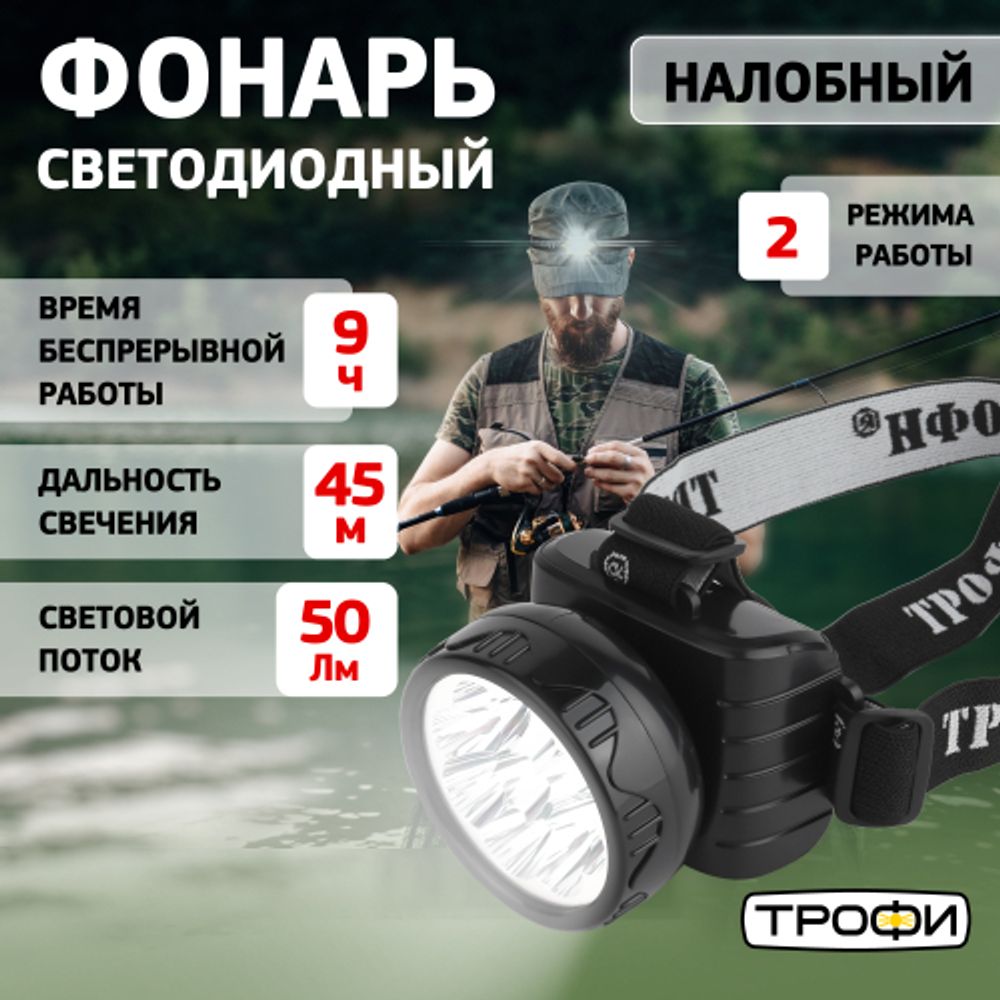 Фонарь налобный светодиодный Трофи TG9 аккумуляторный мощный яркий 2 режима черный | Налобные фонари