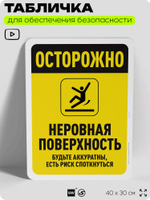Табличка для обеспечения безопасности "Осторожно, неровная поверхность", для офиса, по охране труда для предприятия, организаций, 40х30 см, Silver Plane x Айдентика Технолоджи