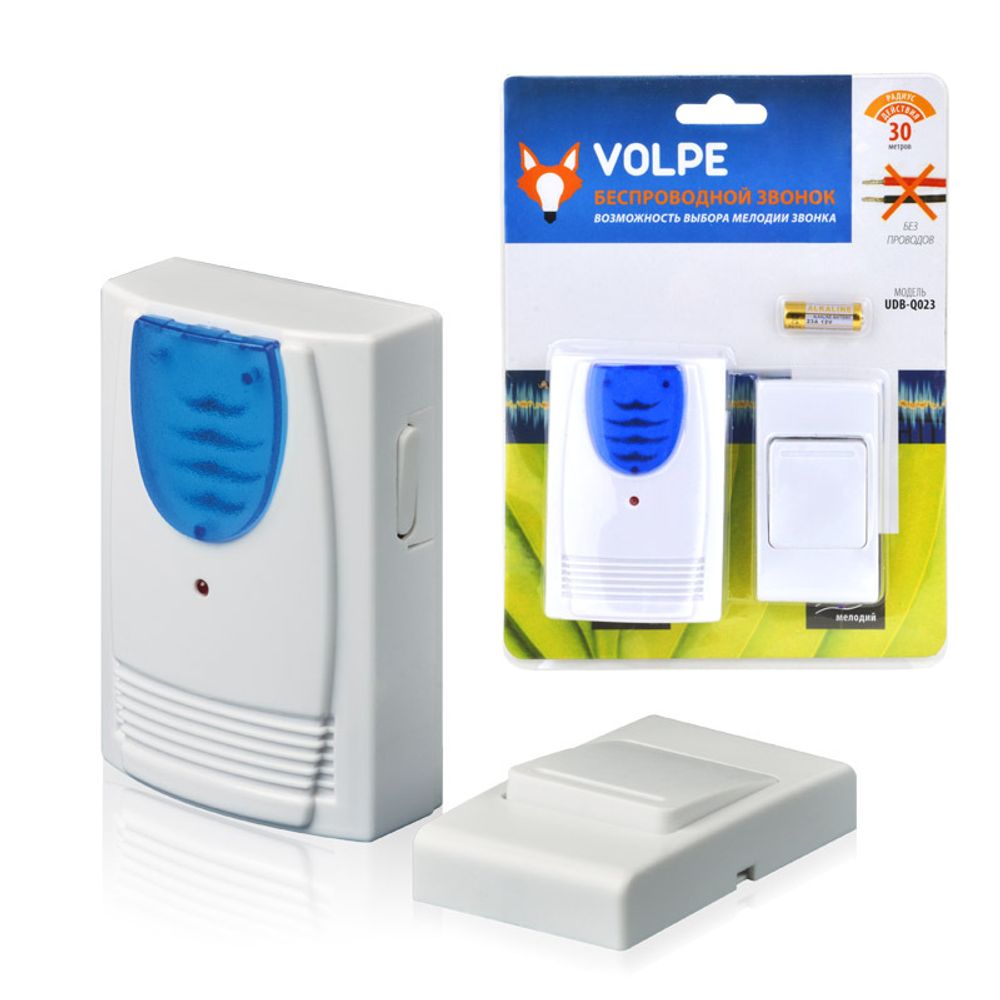 Звонок беспроводной ТМ Volpe UDB-Q023 W-R1T1-16S-30M-WH 36 мелодий. Световая индикация. Радиус действия 30 метров. Блистерная упаковка. Цвет-белый