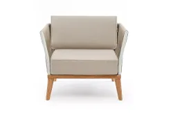 "Касабланка" кресло плетеное из роупа, основание дуб, каркас алюминий светло-серый (RAL7035) муар, роуп серо-коричневый 23мм, ткань бежевая 052