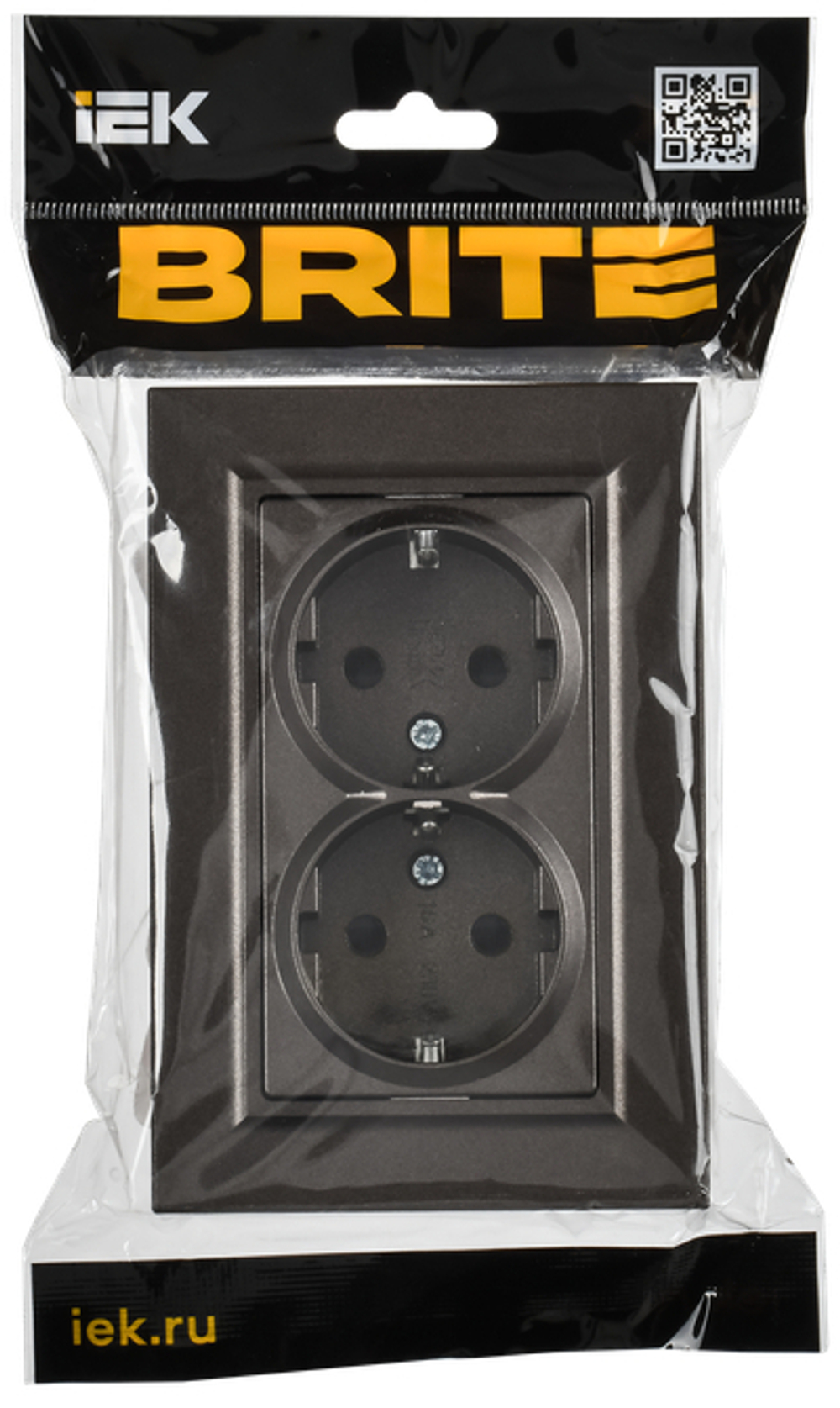 BRITE Розетка 2-местная с заземлением с защитными шторками плоская 16А в сборе РСшПл12-3-БрТБ темная бронза IEK
