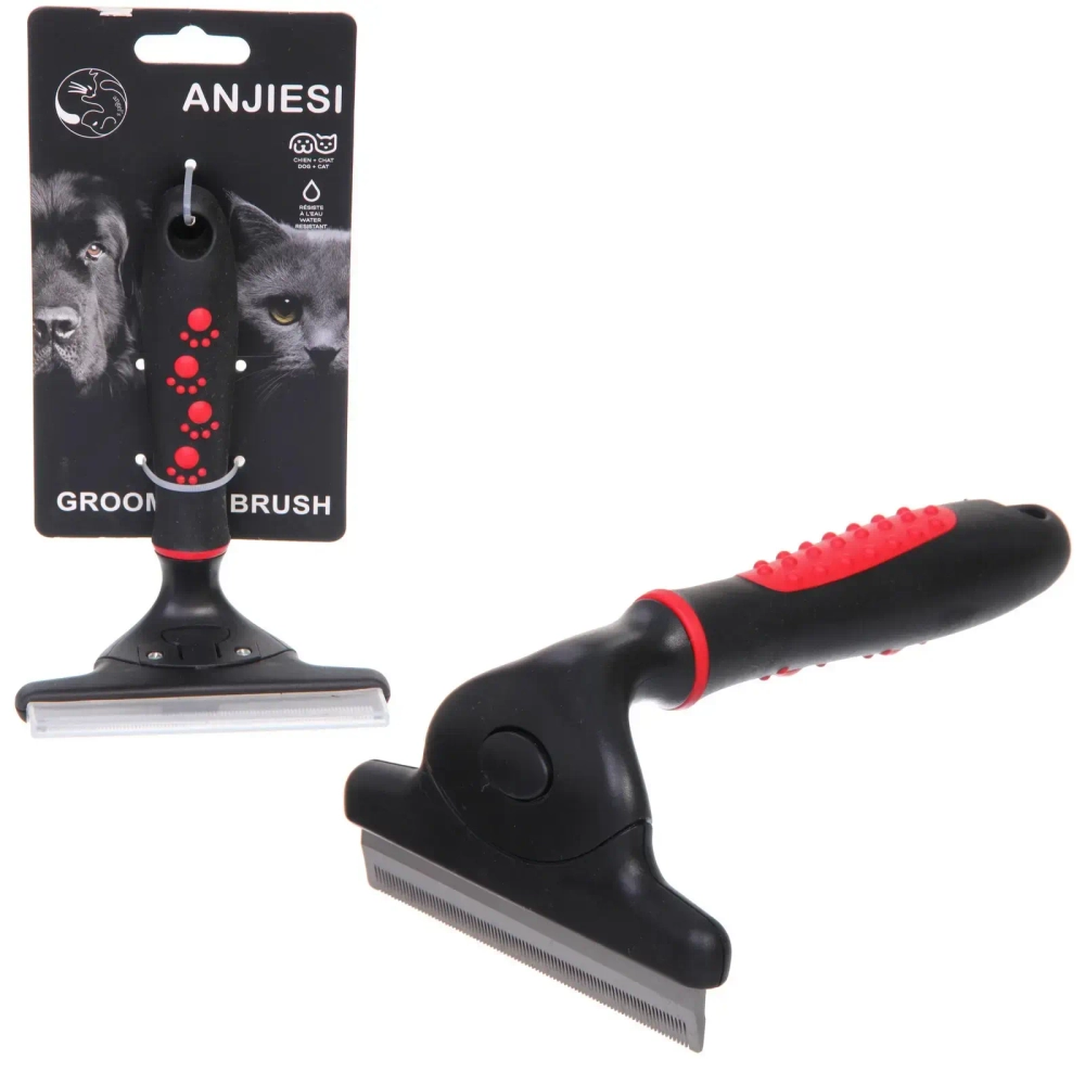 Расческа - фурминатор с кнопкой самоочистки для животных «ПРОФФ - МОЙ БРО», прорезиненная ручка, цвет черный, 11*14,5см