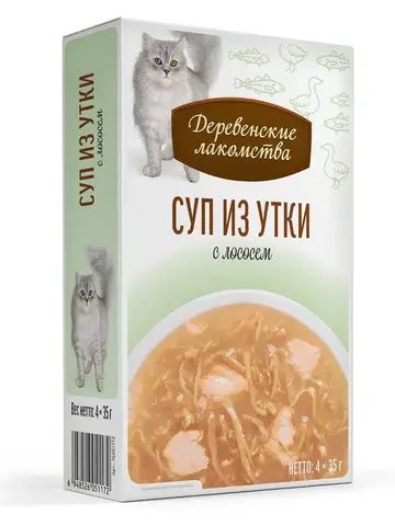 Деревенские лакомства консервы для кошек «Суп из утки с лососем», пауч 35г*4шт