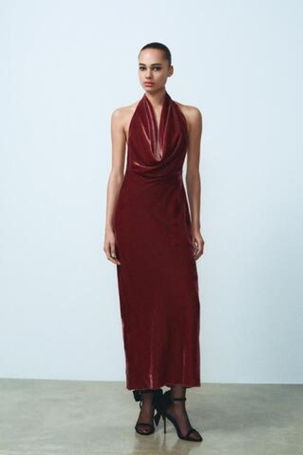 ZARA БАРХАТНОЕ ПЛАТЬЕ С ОТКРЫТОЙ СПИНОЙ, МАЛИНОВЫЙ