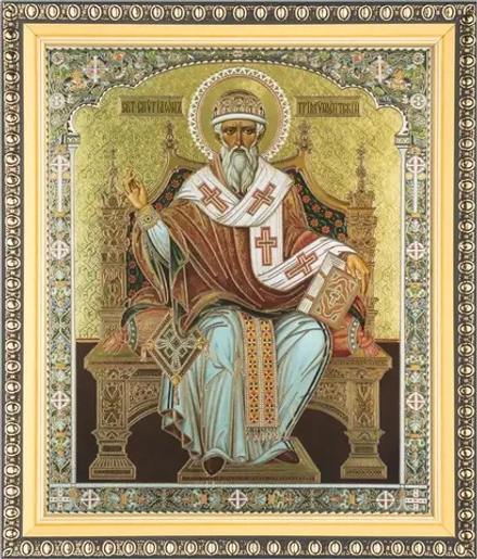 Икона "Спиридон Тримифунтский" на троне 15х18 в раме 18х21