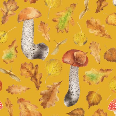 Осенний лес с грибами на желтом