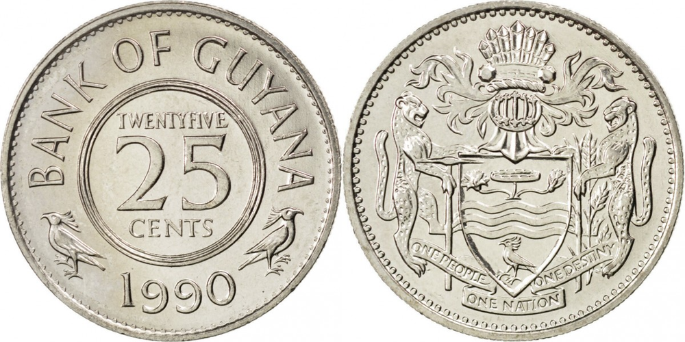 Гайана 25 центов, 1967 - 1992 Герб XF