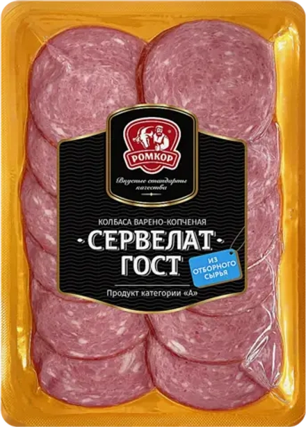 Сервелат Ромкор нарезка варено-копченая 90г