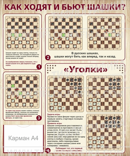 Информационный стенд "Как ходят и бьют шашки?" 1200х1000 мм с карманом А4, ПВХ 3 мм