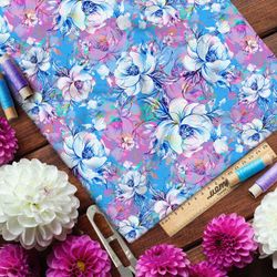 Ткань футер 2-х нитка клод моне «цветы на голубом фоне»