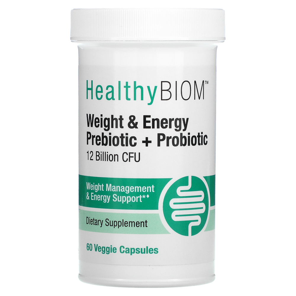 HealthyBiom, пребиотики и пробиотики для коррекции веса и выработки энергии, 12 млрд КОЕ, 60 растительных капсул (6 млрд КОЕ в 1 капсуле)