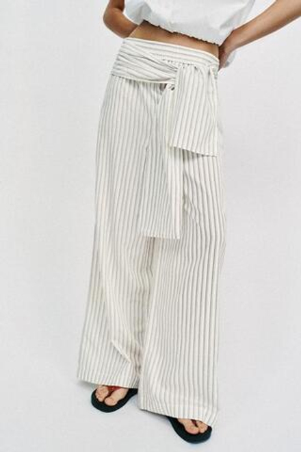 ZARA ШИРОКИЕ БРЮКИ В ПОЛОСКУ С ПЛАТКОМ, ЭКРЮ/КОРИЧНЕВЫЙ