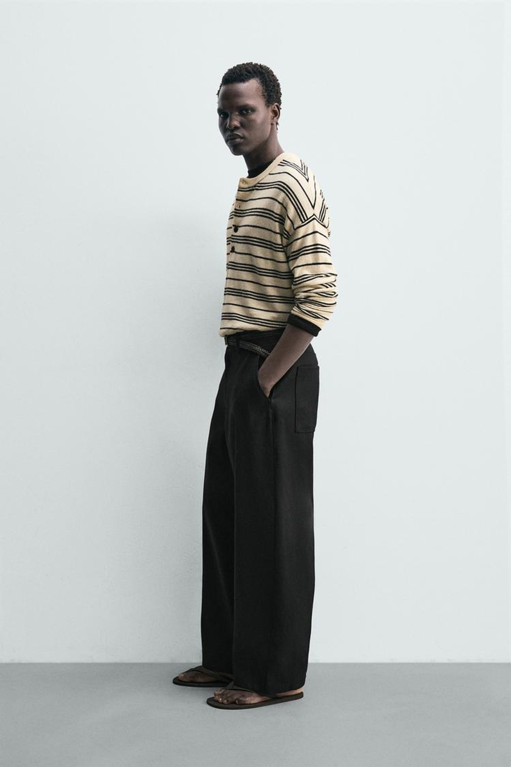 ZARA ДЖЕМПЕР В ПОЛОСКУ С ВОРОТНИКОМ НА ПУГОВИЦАХ, ЭКРЮ