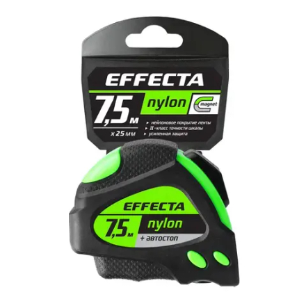 Рулетка автостоп с магнитом,лента нейлон  7,5мх25мм EFFECTA Nylon 587525