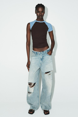 ZARA ФУТБОЛКА РЕГЛАН С КОРОТКИМ РУКАВОМ, КОРИЧНЕВО-СИНИЙ