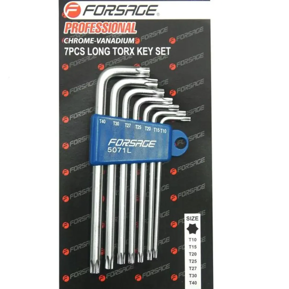 Набор ключей TORX Г-образных длинных, 7пр.(Т10,Т15,Т20,Т25,Т27,Т30,Т40) в пластиковом держателе Forsage F-5071L
