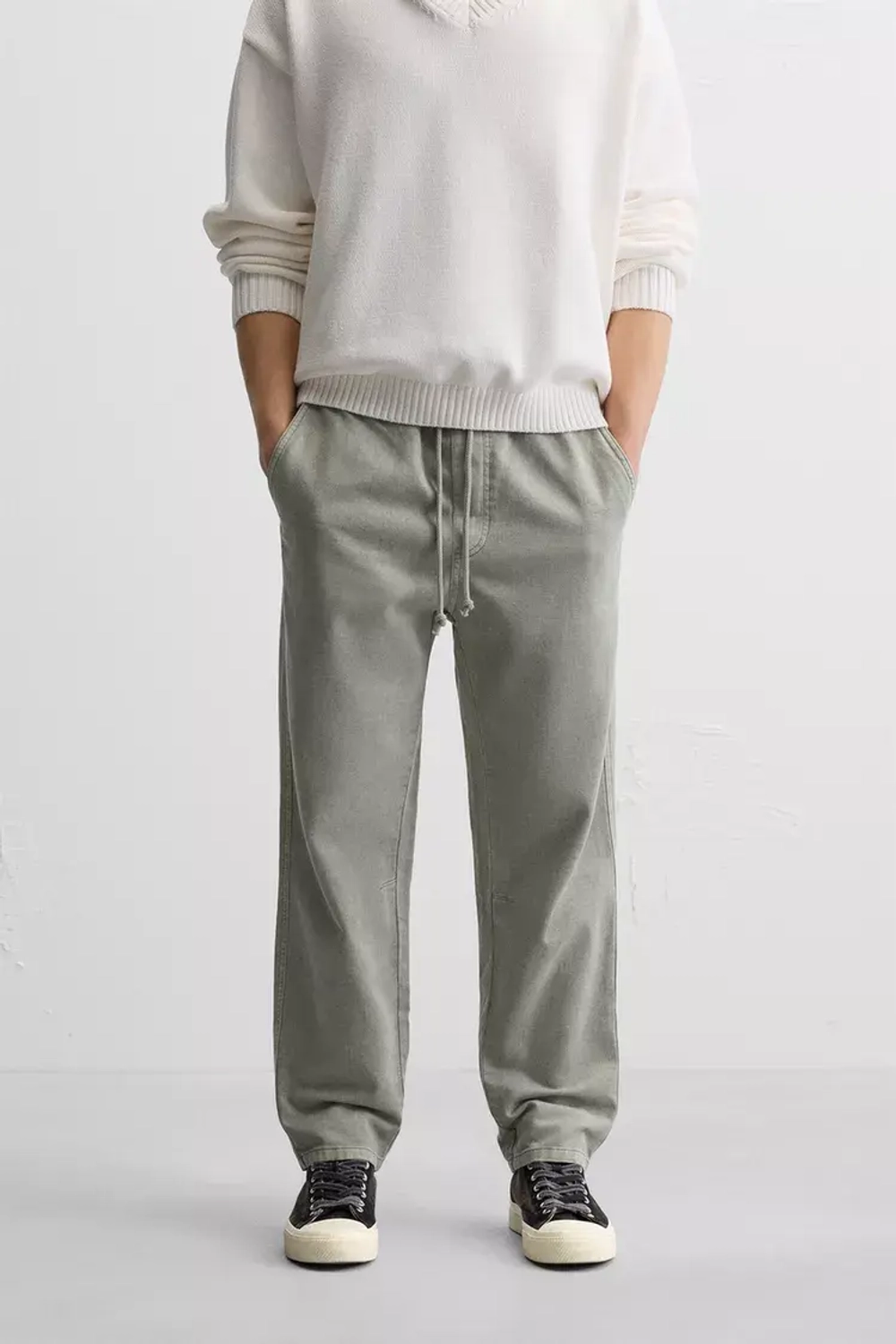 ZARA БРЮКИ ИЗ ХЛОПКА И ЛЬНА, СВЕТЛЫЙ ХАКИ