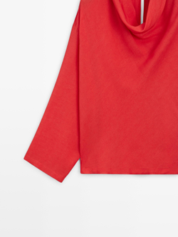 Massimo Dutti Блуза из струящейся ткани с драпированным воротником, коралловый