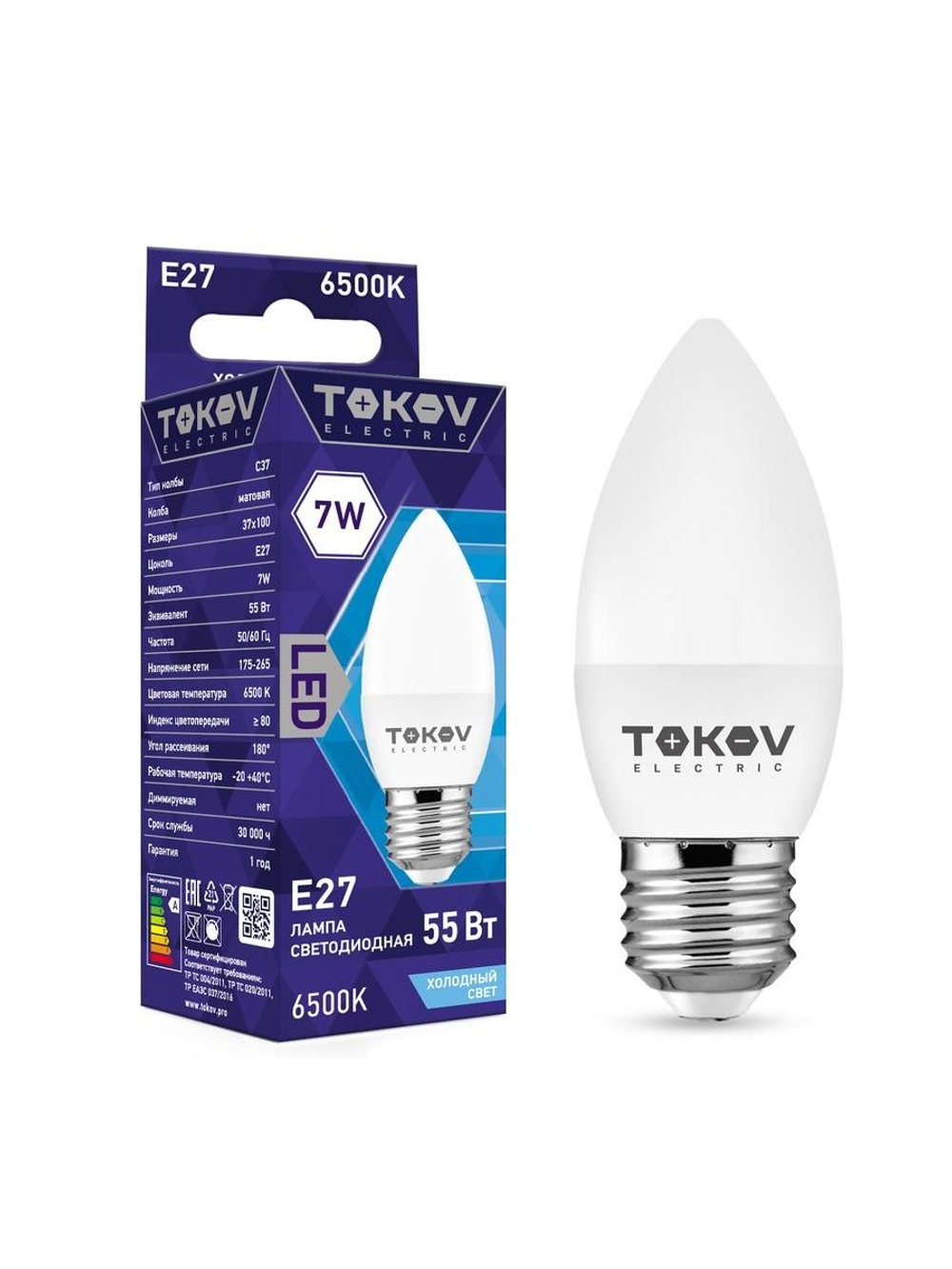 Лампа светодиодная 7Вт С37 6500К Е27 176-264В TOKOV ELECTRIC TKE-C37-E27-7-6.5K