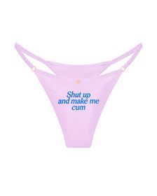 трусы стринги шелковые с надписью Shut up and make me cum сиреневые