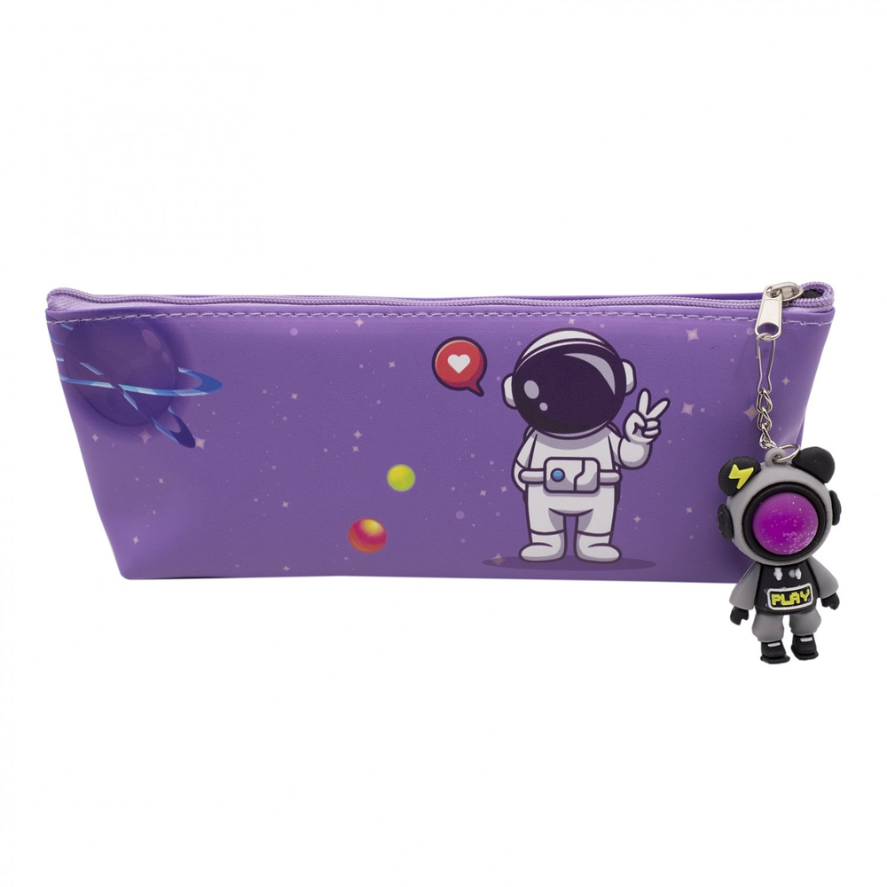 Пенал - косметичка Alingar, ПВХ, молния, 80 х 200 мм, брелок-космонавт, "Space background", микс (персик,голуб,желт,фиолет), космонавт
