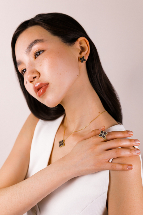 Серьги "TRUE FLOWERS" в золочении с коньячным цирконием