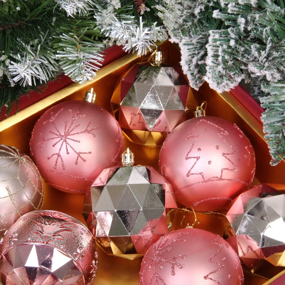 Новогодние шары «Волшебный вальс» 8 см (набор 12 шт), Розовое золото/Шампань