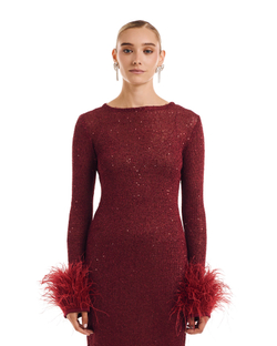 Платье PERSIMMON (персимон) бордо с перьями на рукавах