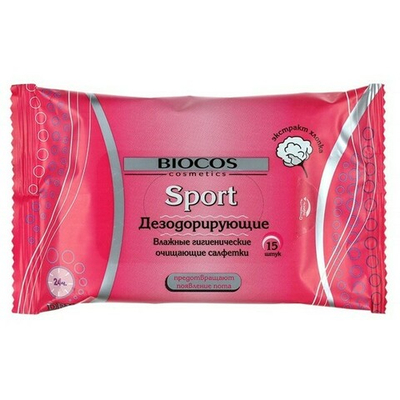 Салфетки влажные BIOCOS SPORT дезодорирующие для женщин 15 шт