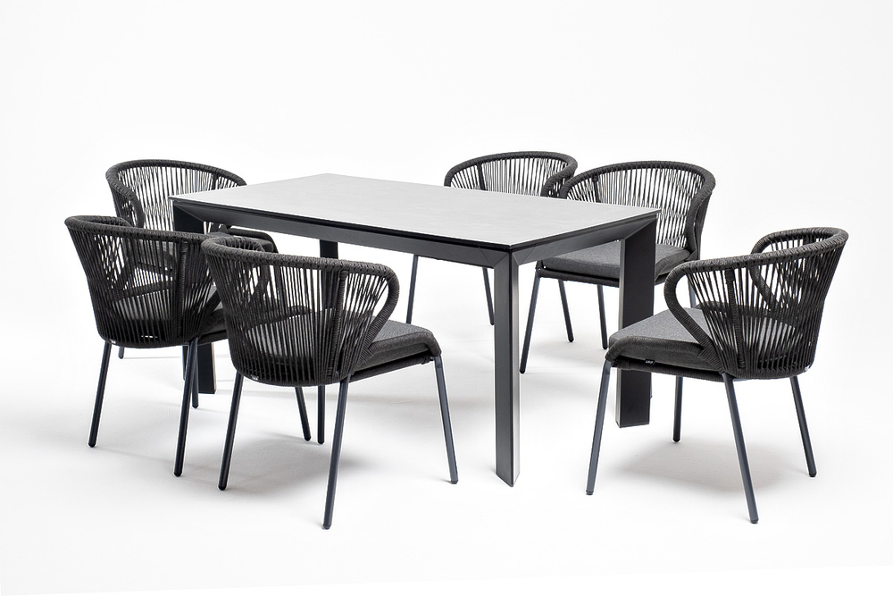 "Венето" обеденная группа на 6 персон со стульями "Милан", каркас темно-серый, роуп темно-серый
