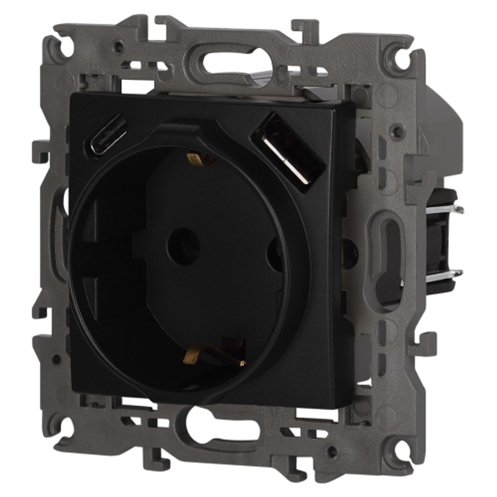 Розетка ЭРА Elegance 14-4108-05 2P+E 16A-250В со шторками с USB type-A+C 5В-3А антрацит | Эра Elegance