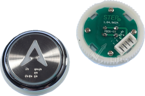 Кнопка приказа "ВВЕРХ" кругл, тип PB31, хром, шлиф.Брайль, разъем AMP, красн.подсв кнопки и символа