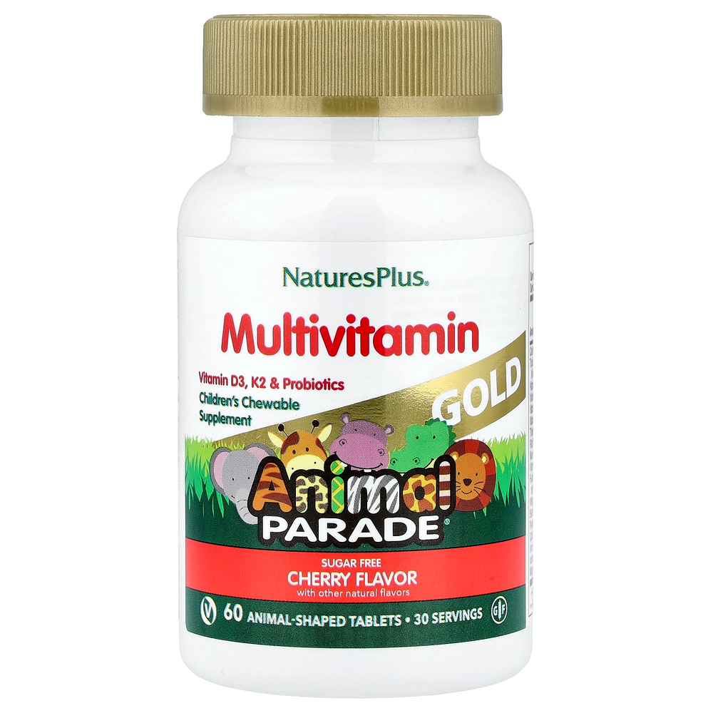 NaturesPlus, Animal Parade® Gold, жевательные мультивитамины для детей, со вкусом вишни, 60 таблеток в форме животных