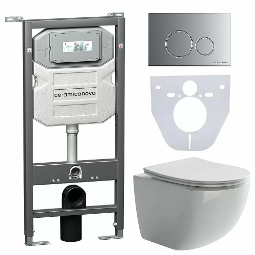 Унитаз подвесной Ceramica Nova Forma CN3009_1001M_1000 безободковый, с крышкой микролифт, с инсталляцией и кнопкой матовый хром