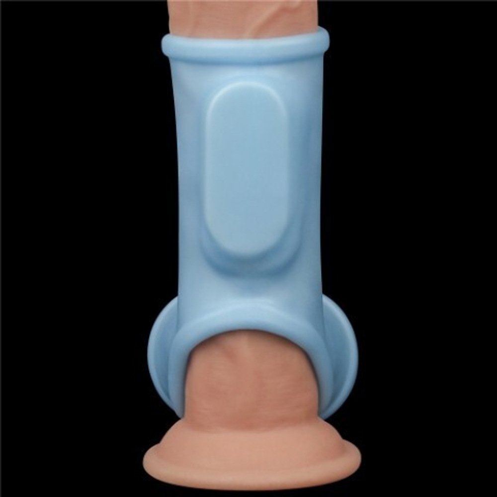 Насадка на пенис с вибрацией с рукавом для мошонки Silk Knights Ring голубая (12*2,8)