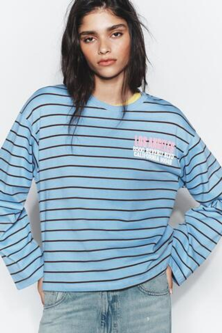 ZARA ФУТБОЛКА В ПОЛОСКУ С НАДПИСЬЮ, СИНИЙ