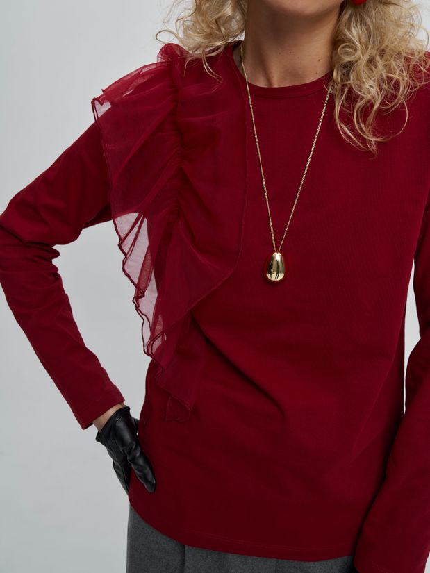 Лонгслив с воланом, бордовый