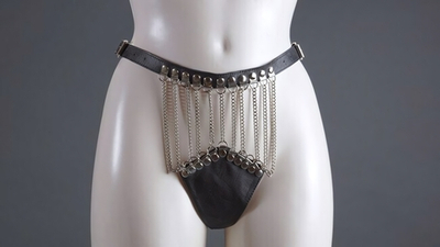 Женские кожаные трусики на цепочках (Цвет: черный с серебряным)