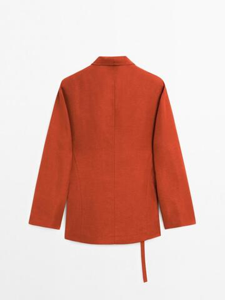 Massimo Dutti Кимоно из струящегося смесового льна с воротником в стиле смокинга, терракотовый
