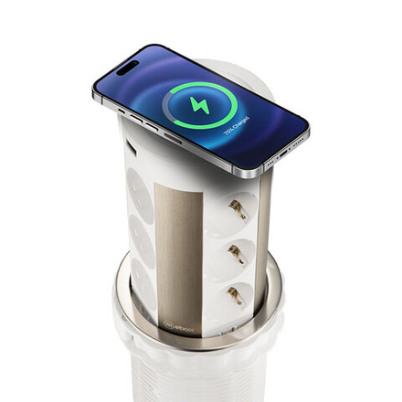 Блок розеток 17 12 секции Серебро+Белый . d=100мм USB type A+C  беспроводная зарядка