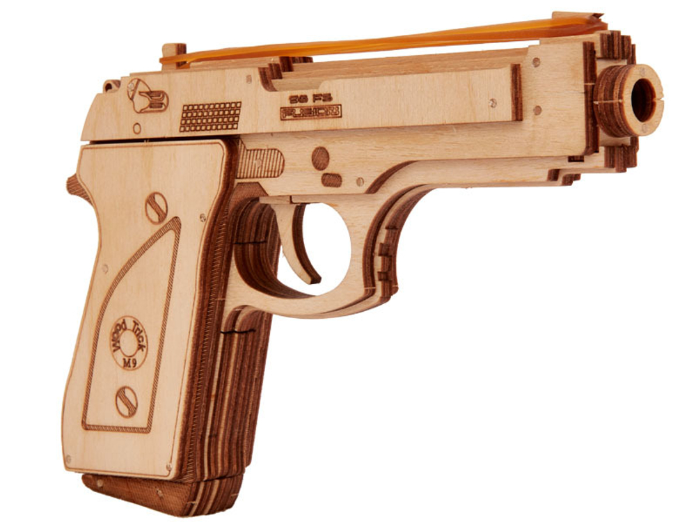 Сборная модель из дерева Wood Trick Пистолет-резинкострел с мишенями