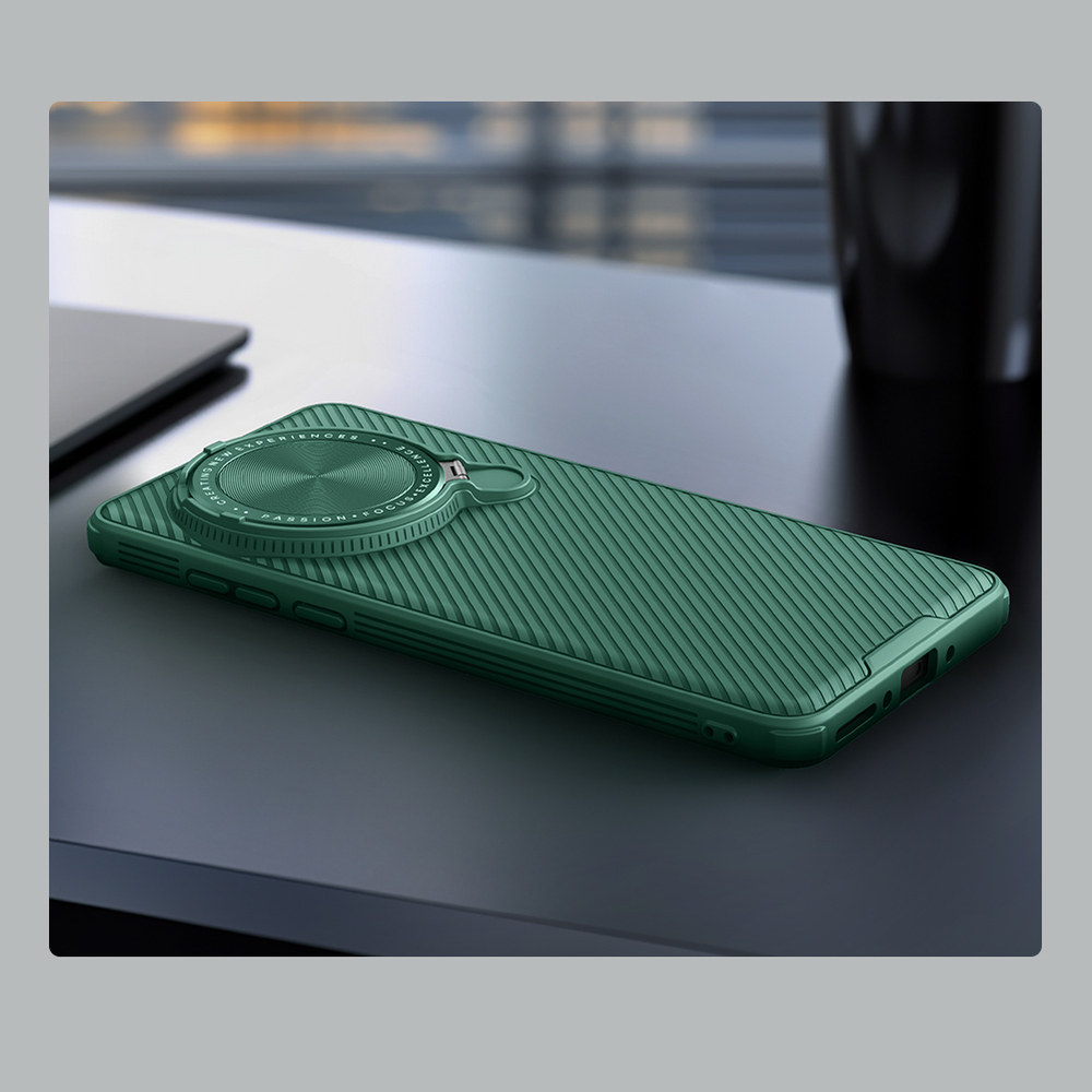 Чехол зеленого цвета (Dark Green) от Nillkin на OnePlus 13 с металлической откидной крышкой и поддержкой магнитной беспроводной зарядки MagSafe, серия CamShield Prop Magnetic Case